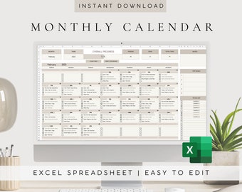 Digitale Maandkalender 2024 2025 | Excel-sjabloon | Taakplanner-spreadsheet | Ongedateerde maandplanner| Taaktracker| Takenlijst | Bewerkbaar