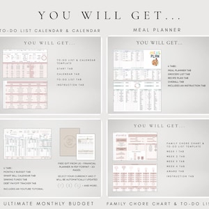 May include: A digital planner set featuring a to-do list calendar, meal planner, monthly budget, and family chore chart. Each section displays layout previews and lists included tabs like start, calendar, grocery list, recipe plan, and instruction tabs.