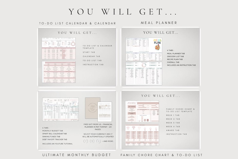May include: A digital planner set featuring a to-do list calendar, meal planner, monthly budget, and family chore chart. Each section displays layout previews and lists included tabs like start, calendar, grocery list, recipe plan, and instruction tabs.