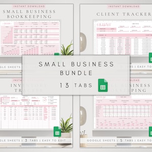 May include: A digital small business bundle for Google Sheets featuring 13 tabs, including bookkeeping, client tracker, and inventory tracker templates. The interface displays pink and white data tables, charts, and financial summaries on a screen.