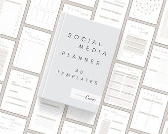 May include: A set of 40 printable social media planner templates in a light beige color scheme. The templates include sections for daily gratitude, self-care, weekly self-care, and more.