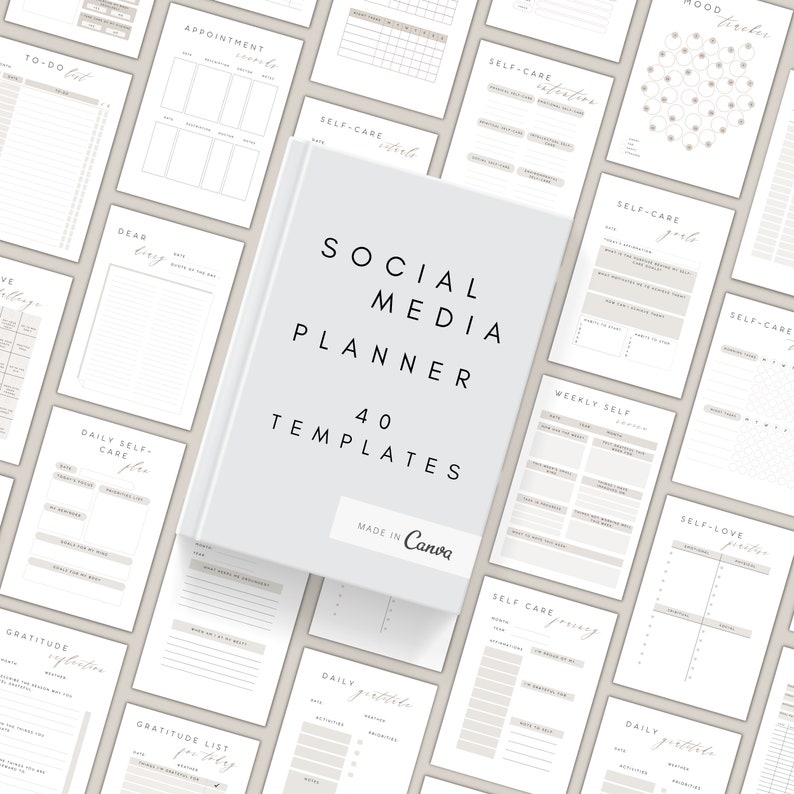 May include: A set of 40 printable social media planner templates in a light beige colour scheme. The templates include sections for daily gratitude, self-care, weekly self-care, and more.