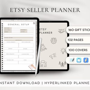 Hyperlänkad Etsy-affärsplanerare | Goodnotes Etsy-säljarjournal | Brainstorming för annonser 2026 | Lösenordsspårning | Beställningsformulär | Produktplanerare