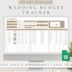 Op de afbeelding: Een computerscherm dat een Google Sheets-spreadsheet toont voor het bijhouden van het huwelijksbudget. De spreadsheet bevat categorieën voor verschillende huwelijksuitgaven, zoals catering, bloemen en fotografie, met kolommen voor budget, werkelijke kosten en uitstaand saldo. De spreadsheet bevat ook een kalender voor het bijhouden van huwelijksgerelateerde taken en deadlines. De tekst "WEDDING BUDGET TRACKER" wordt bovenaan het scherm weergegeven.