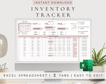 Peut inclure: Un écran d'ordinateur affichant une feuille de calcul Excel avec un schéma de couleurs rose et blanc. La feuille de calcul est intitulée "Inventory Tracker" et comprend un calendrier, des catégories d'inventaire et un tableau avec des colonnes pour le numéro d'article, la catégorie, la quantité en stock, le statut, le prix total, la date d'expédition et les jours restants. La feuille de calcul comprend également un diagramme circulaire montrant le pourcentage d'articles vendus. Le texte "March 2023" est visible dans le coin supérieur gauche de la feuille de calcul. Le texte "EXCEL SPREADSHEET | 3 TABS | EASY TO EDIT" est visible en bas de l'écran.