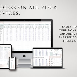May include: A screenshot showing a Google Sheets spreadsheet on a desktop computer, tablet, and smartphone. The spreadsheet is a daily planner with a calendar view and a section for tracking tasks. The text on the screen reads "EASILY TRACK YOUR TASKS FROM ANYWHERE WITH THE FREE GOOGLE SHEETS APP!"