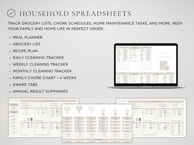 May include: A laptop displays a digital household spreadsheet with a meal planner, grocery list, and cleaning trackers. The image includes a list of features: meal planner, grocery list, recipe plan, and more. The text reads "Household Spreadsheets."