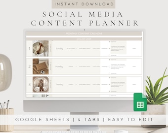 Social Media Content Calendar | Content Planner Template Google Sheets | Monthly | Social Media Marketing Planner| Digital Planner 2024 2025