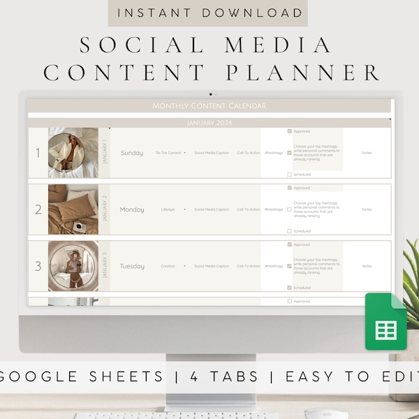 Social Media Content Calendar | Content Planner Template Google Sheets | Monthly | Social Media Marketing Planner| Digital Planner 2024 2025