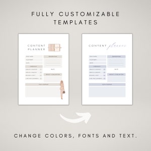 May include: Two printable content planner templates with a checklist, rate, and main content sections. The template on the left has a light brown background and a woman in a pink suit and brown hat. The template on the right has a light blue background.