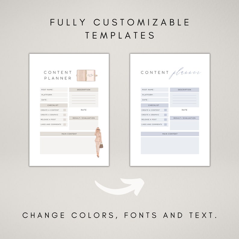 May include: Two printable content planner templates with a checklist, rate, and main content sections. The template on the left has a light brown background and a woman in a pink suit and brown hat. The template on the right has a light blue background.