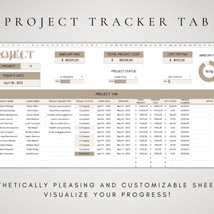 K&ouml;nnte beinhalten: Eine braune und beigefarbene Tabellenkalkulation mit dem Titel "Project Tracker Tab" und einer Tabelle, die Projektnamen, Kundennamen, Projektbeschreibungen, Projektstatus, Startdatum, Enddatum, Gesamtkosten des Projekts, gezahlten Betrag und Restbetrag auflistet. Die Tabellenkalkulation enth&auml;lt auch ein Kreisdiagramm, das zeigt, dass 91 % des Projekts abgeschlossen sind.