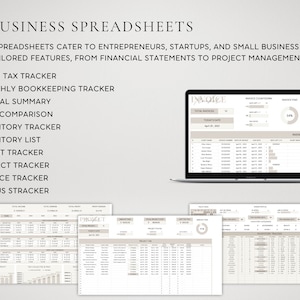 May include: A laptop displaying a spreadsheet with financial data, alongside printed spreadsheets. The text reads "Business Spreadsheets" and lists features like "Sales Tax Tracker" and "Invoice Tracker". The spreadsheets cater to entrepreneurs and small business owners.