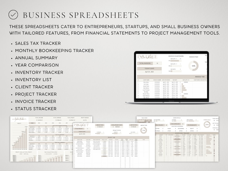 May include: A laptop displaying a spreadsheet with financial data, alongside printed spreadsheets. The text reads "Business Spreadsheets" and lists features like "Sales Tax Tracker" and "Invoice Tracker". The spreadsheets cater to entrepreneurs and small business owners.