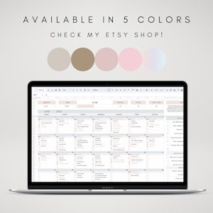 May include: A laptop screen displaying a digital monthly calendar spreadsheet for June 2025. Above the screen, the text reads AVAILABLE IN 5 COLORS CHECK MY ETSY SHOP! followed by five circular color swatches in beige, brown, mauve, pink, and gradient.