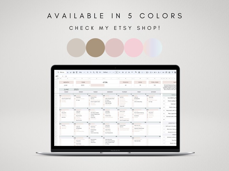 May include: A laptop screen displaying a digital monthly calendar spreadsheet for June 2025. Above the screen, the text reads AVAILABLE IN 5 COLORS CHECK MY ETSY SHOP! followed by five circular color swatches in beige, brown, mauve, pink, and gradient.
