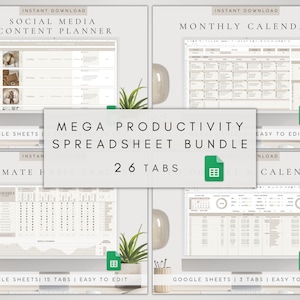 May include: A digital product bundle for Google Sheets, featuring 26 tabs for productivity and planning. The bundle includes a social media content planner, a monthly calendar, and an ultimate habit tracker. The image shows a computer screen displaying the spreadsheets, with a green icon representing the Google Sheets app.