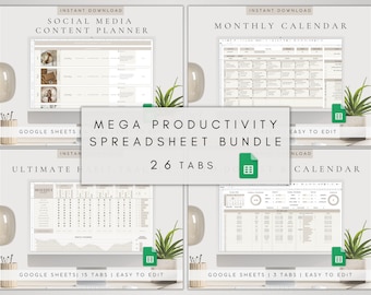Productivity Planner Google Sheets | 26 Tab Habit Goal Task ADHD Content Calendar Tracker
