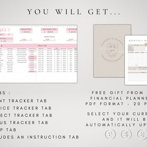 May include: A digital planner with five tabs: Client Tracker, Invoice Tracker, Project Tracker, Status Tracker, and Setup. It also includes an instruction tab. The planner is designed to help you manage your projects and finances. It comes with a free financial planner in PDF format with 20 pages. You can select your currency and it will be automatically updated.
