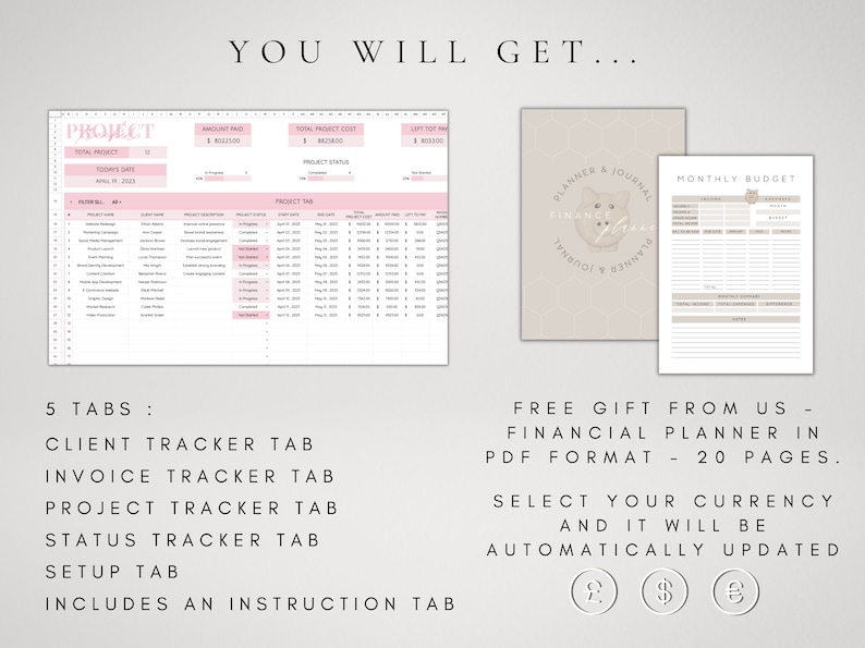 May include: A digital planner with five tabs: Client Tracker, Invoice Tracker, Project Tracker, Status Tracker, and Setup. It also includes an instruction tab. The planner is designed to help you manage your projects and finances. It comes with a free financial planner in PDF format with 20 pages. You can select your currency and it will be automatically updated.