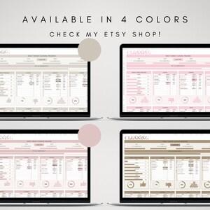 May include: Four screenshots of a computer screen displaying a digital cleaning checklist. The checklist is available in four different color schemes: beige, pink, light pink, and brown. The text on the screen reads "Daily Weekly Cleaning Schedule" and "Cleaning".