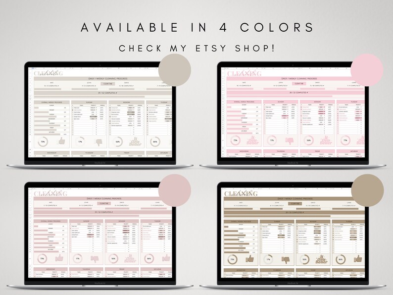 May include: Four screenshots of a computer screen displaying a digital cleaning checklist. The checklist is available in four different color schemes: beige, pink, light pink, and brown. The text on the screen reads "Daily Weekly Cleaning Schedule" and "Cleaning".