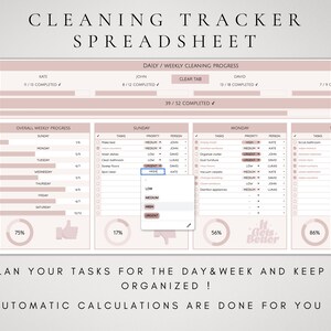 May include: A pink and white cleaning tracker spreadsheet with a daily and weekly progress chart. The spreadsheet includes a list of tasks with checkboxes, priority levels, and assigned persons. The spreadsheet also includes a progress bar for each day of the week and a progress bar for the overall week. The spreadsheet has the text "Cleaning Tracker Spreadsheet" at the top and the text "Plan your tasks for the day & week and keep it organized! Automatic calculations are done for you!" at the bottom.