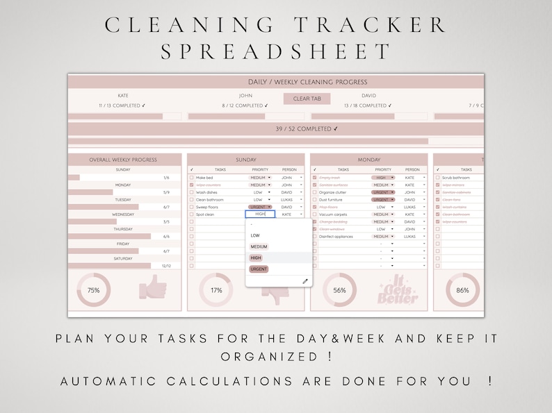 May include: A pink and white cleaning tracker spreadsheet with a daily and weekly progress chart. The spreadsheet includes a list of tasks with checkboxes, priority levels, and assigned persons. The spreadsheet also includes a progress bar for each day of the week and a progress bar for the overall week. The spreadsheet has the text "Cleaning Tracker Spreadsheet" at the top and the text "Plan your tasks for the day & week and keep it organized! Automatic calculations are done for you!" at the bottom.