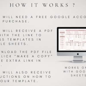 May include: A digital instructional graphic titled HOW IT WORKS? detailing steps for a Google Sheets template. It features a computer monitor displaying a spreadsheet and a green Google Sheets icon, with text explaining the PDF download process.