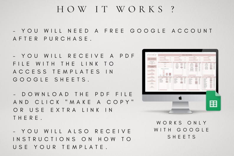May include: A digital instructional graphic titled HOW IT WORKS? detailing steps for a Google Sheets template. It features a computer monitor displaying a spreadsheet and a green Google Sheets icon, with text explaining the PDF download process.
