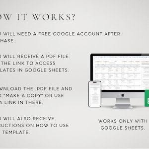 May include: How to use a Google Sheets template.  Instructions on how to access and use a Google Sheets template.  You will need a free Google account.  Works only with Google Sheets.