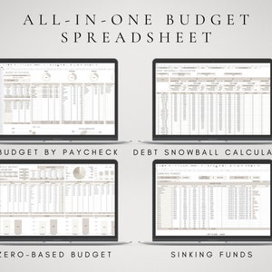 May include: Four screenshots of a computer screen showing different sections of a budget spreadsheet. The sections are: Budget by Paycheck, Zero-Based Budget, Debt Snowball Calculator, and Sinking Funds.