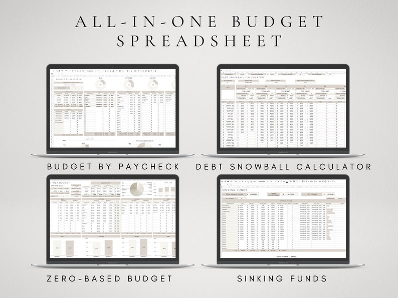 May include: Four screenshots of a computer screen showing different sections of a budget spreadsheet. The sections are: Budget by Paycheck, Zero-Based Budget, Debt Snowball Calculator, and Sinking Funds.