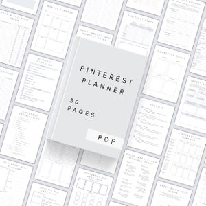 May include: A printable Pinterest planner with 30 pages in a PDF format. The planner includes sections for daily, weekly, and monthly tasks, Pinterest stats, account checklist, pin optimization, pin research, and more.