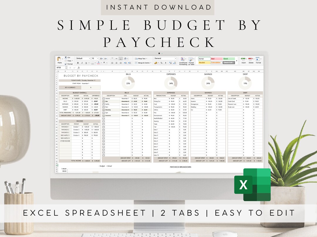 Paycheck Budget Excel Template | Biweekly and Monthly Finance Tracker ...