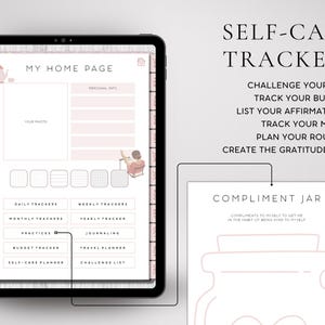 May include: A digital planner with a pink and white color scheme. The planner includes sections for daily, weekly, monthly, and yearly trackers, as well as a budget tracker, self-care planner, and challenge list. The planner also includes a section for personal information and a section for journaling. The planner is designed to help users track their progress and goals.