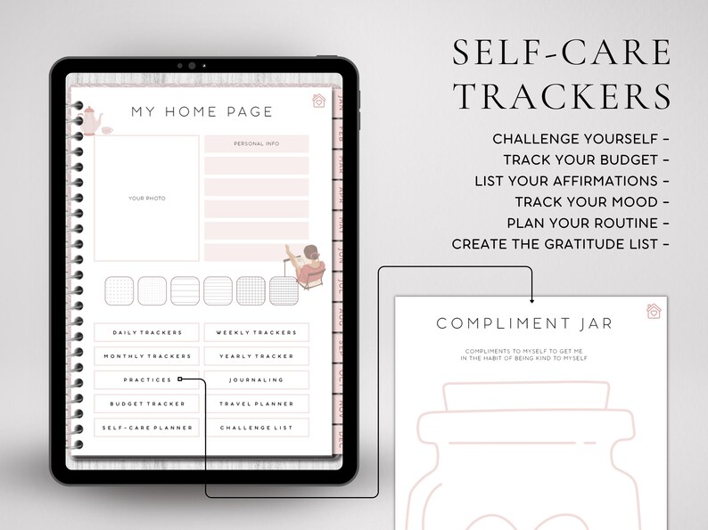 May include: A digital planner with a pink and white color scheme. The planner includes sections for daily, weekly, monthly, and yearly trackers, as well as a budget tracker, self-care planner, and challenge list. The planner also includes a section for personal information and a section for journaling. The planner is designed to help users track their progress and goals.