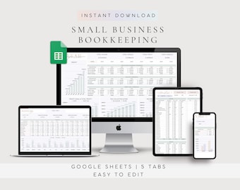 Puede incluir: Una plantilla digital de hoja de cálculo para contabilidad de pequeñas empresas en Google Sheets, mostrada en un ordenador, portátil, tableta y smartphone. La interfaz incluye tablas financieras, gráficos de beneficios y datos fiscales con el texto SMALL BUSINESS BOOKKEEPING.