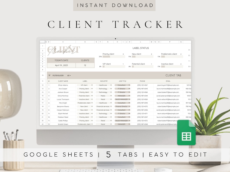 May include: A computer screen displaying a Google Sheets spreadsheet with a client tracker template. The spreadsheet has tabs for "Client Tab", "Label Status", and "Filter Slider". The spreadsheet is titled "Client Tracker" and includes columns for client name, label, industry, job title, phone, email, and notes. The spreadsheet is designed to help businesses track their clients and their information.