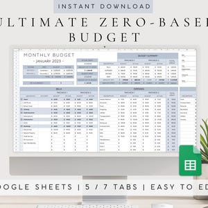 Może przedstawiać: Monitor komputerowy wyświetlający cyfrowy arkusz kalkulacyjny budżetu miesięcznego zatytułowany Ultimate Zero-Based Budget. Interfejs zawiera sekcje dotyczące rachunk&oacute;w, wydatk&oacute;w oraz podsumowanie budżetu z kolumnami na wypłaty, budżet i wydatki.