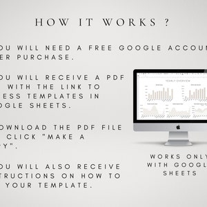 May include: How to use a Google Sheets template. A computer screen shows a Google Sheet with a yearly overview. The text on the screen says "Yearly Overview". The text on the image says "How it works? You will need a free Google account after purchase. You will receive a PDF file with the link to access templates in Google Sheets. Download the PDF file and click "Make a copy". You will also receive instructions on how to use your template. Works only with Google Sheets."