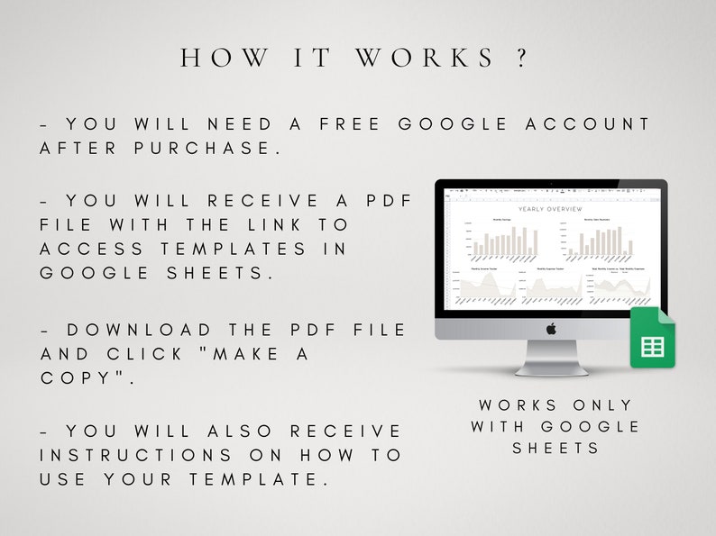 May include: How to use a Google Sheets template. A computer screen shows a Google Sheet with a yearly overview. The text on the screen says "Yearly Overview". The text on the image says "How it works? You will need a free Google account after purchase. You will receive a PDF file with the link to access templates in Google Sheets. Download the PDF file and click "Make a copy". You will also receive instructions on how to use your template. Works only with Google Sheets."