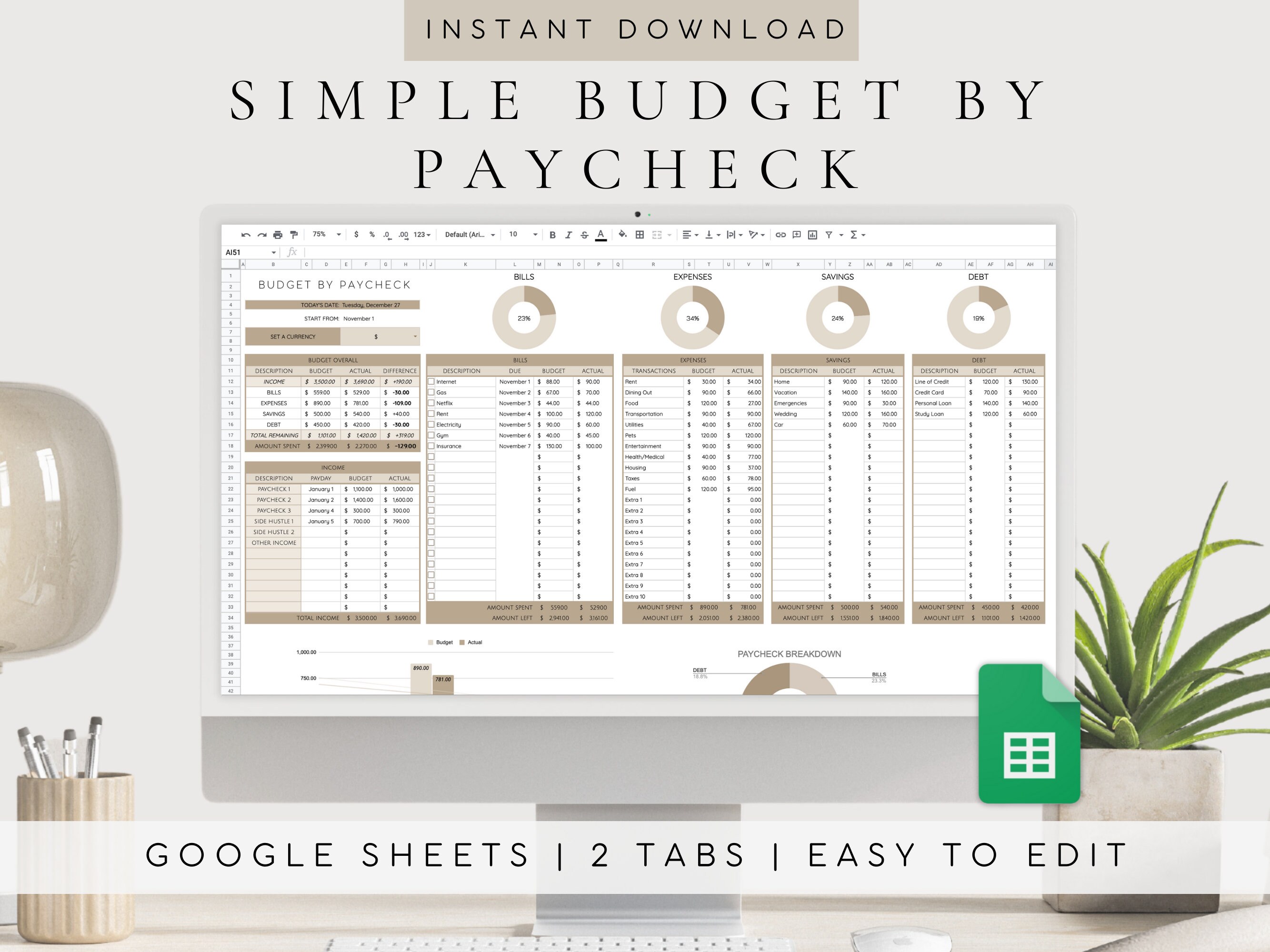 Paycheck budget template google sheets budget by paycheck etsy