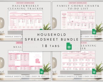 Op de afbeelding: Een digitale huishoudelijke spreadsheetbundel met 18 tabbladen, waaronder een dagelijkse en wekelijkse schoonmaaktracker, een familietakenlijst en een maaltijdplanner. De spreadsheets worden weergegeven op computerschermen met roze en witte ontwerpen.