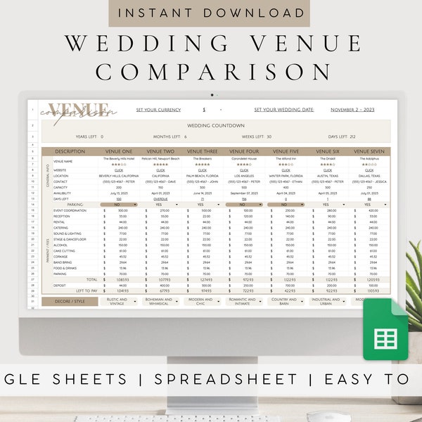 Wedding Venue Comparison | Wedding Planning Spreadsheet | Wedding Planner Digital | Wedding Template Digital Download | Instant Download