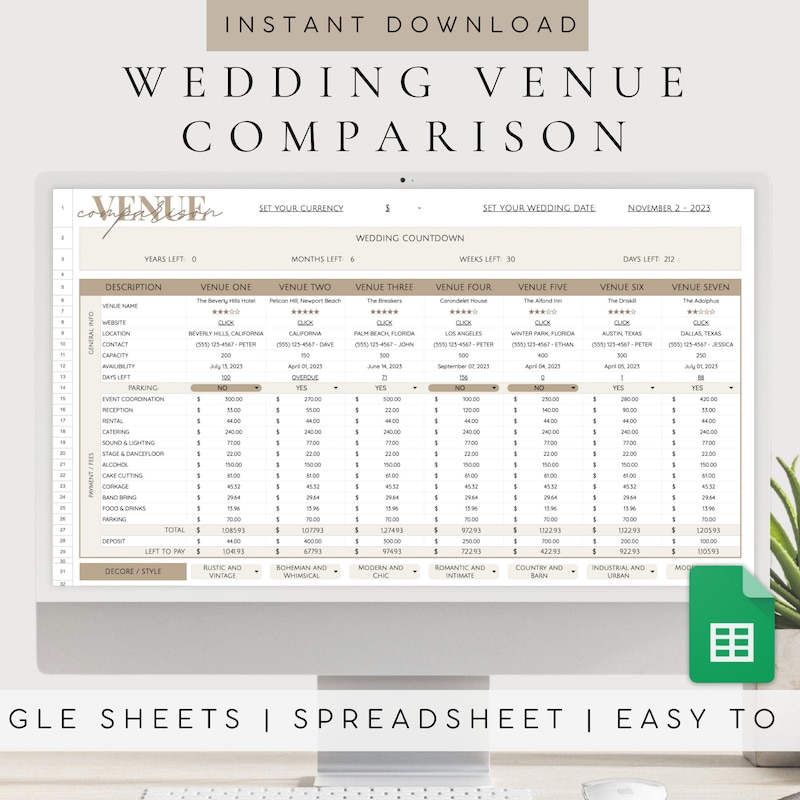 Wedding Venue Comparison Templates - Etsy