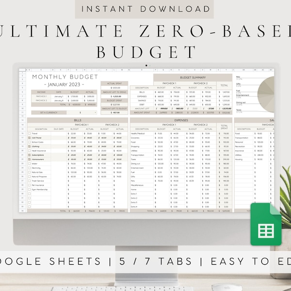 Feuille de calcul budgétaire ultime à base zéro | Classeur de budget numérique | Modèle de budget | Calendrier de facturation| Tableau de bord du budget des chèques de paie | Suivi des finances