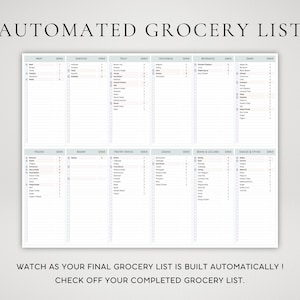 May include: A printable grocery list template with a gray background and black text. The list is divided into categories such as meat, seafood, fruit, vegetables, beverages, dairy, frozen, bakery, pantry staples, grains, beans & legumes, snacks & other. Each category has a column for the item name, a column for the quantity, and a column for the serving size.
