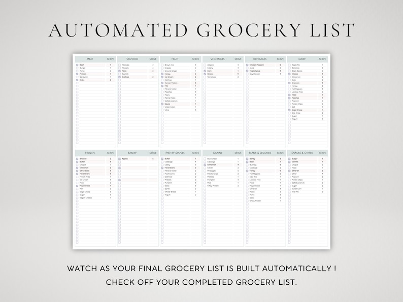 May include: A printable grocery list template with a gray background and black text. The list is divided into categories such as meat, seafood, fruit, vegetables, beverages, dairy, frozen, bakery, pantry staples, grains, beans & legumes, snacks & other. Each category has a column for the item name, a column for the quantity, and a column for the serving size.