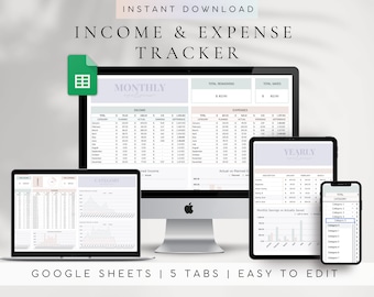 Puede incluir: Una plantilla digital de seguimiento de ingresos y gastos para Google Sheets mostrada en un monitor de escritorio, portátil, tableta y teléfono inteligente. La interfaz presenta tablas de ingresos, gastos y gráficos anuales.